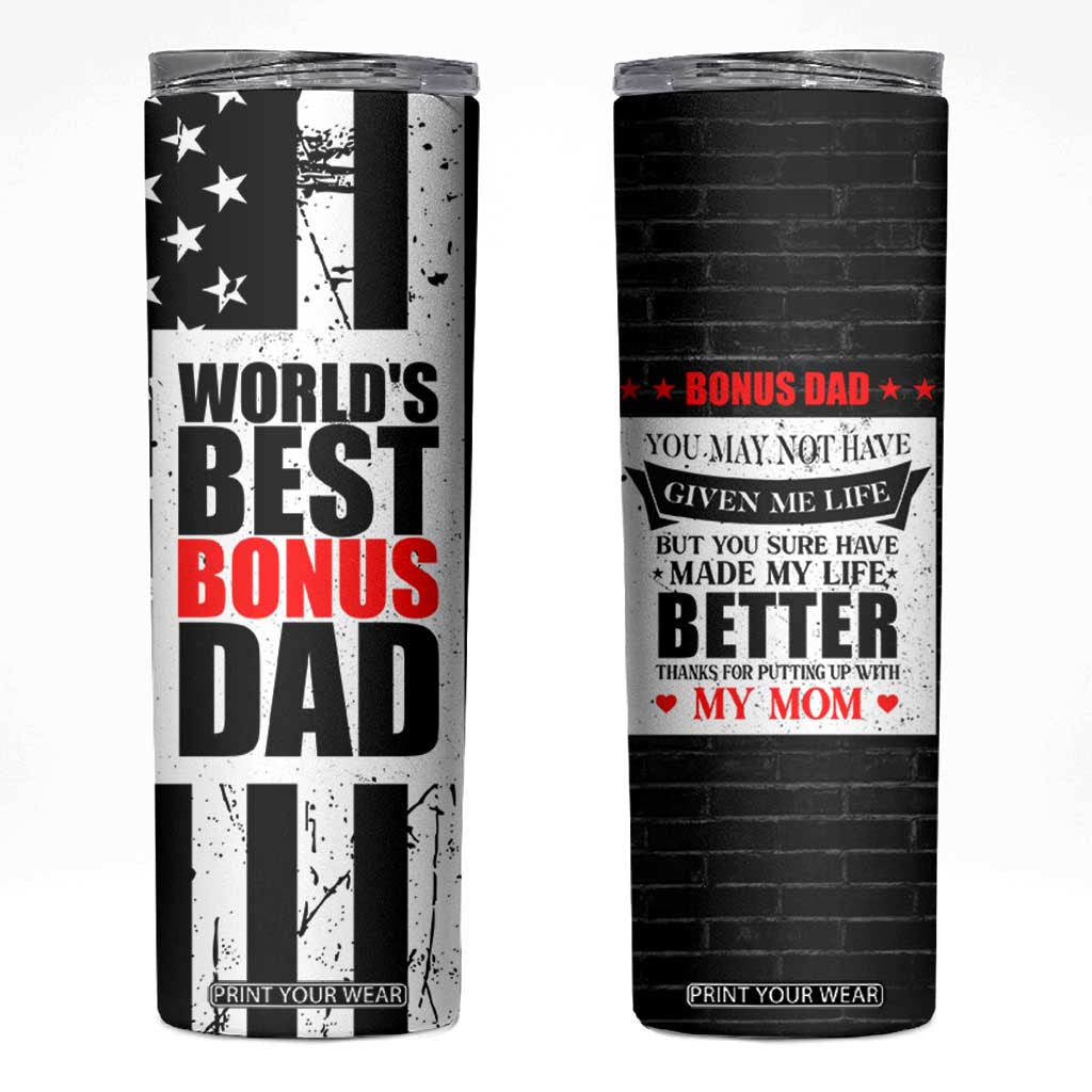 Fathers Day Gift For Bonus Dad Skinny Tumbler Birthday Gifts For Step Dad From Daughter Son Kids US Flag TB10 Black Print Your Wear