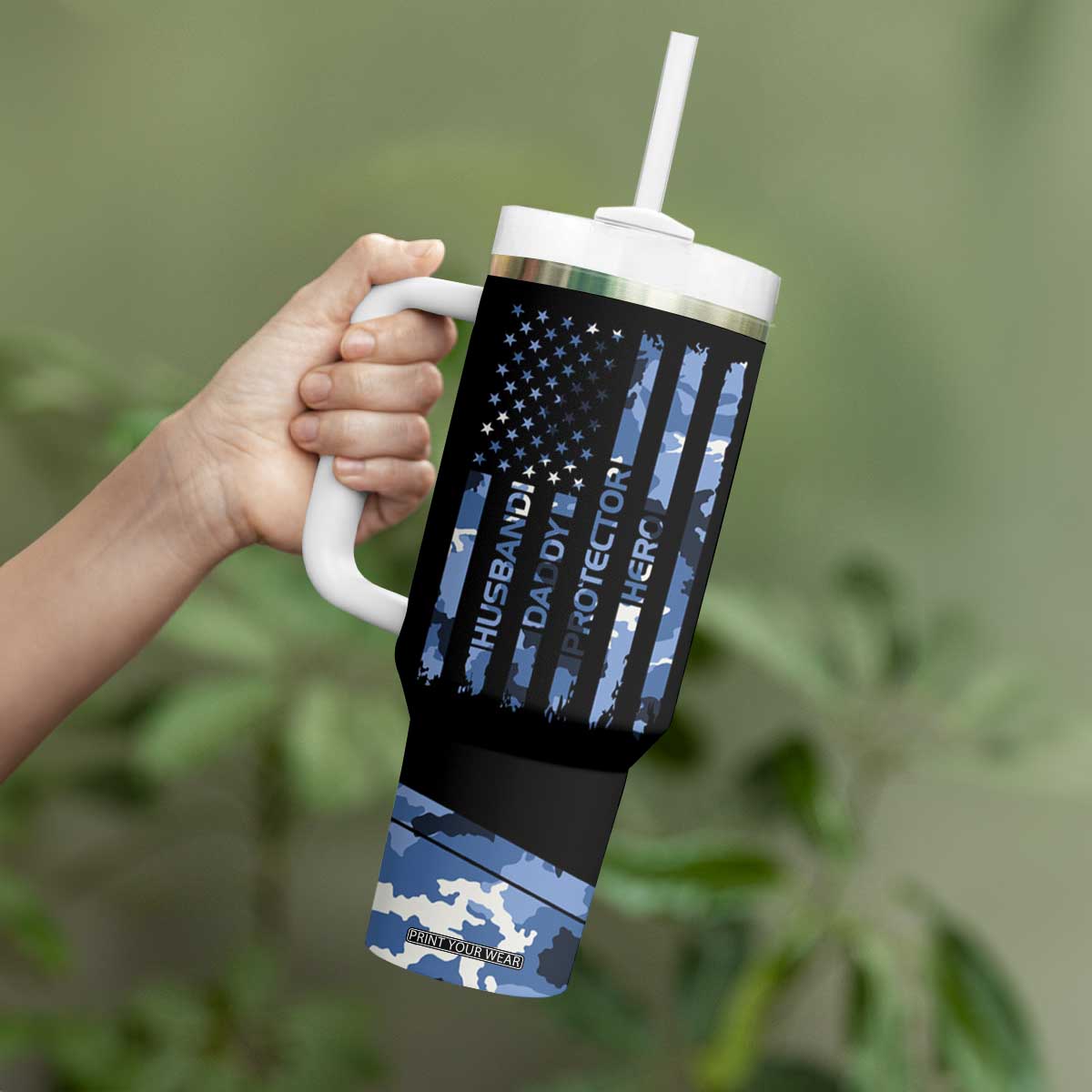 Christmas Gifts for Dad Tumbler With Handle Husband Daddy Protector Hero Fathers Day Camo American Flag TB10 Print Your Wear