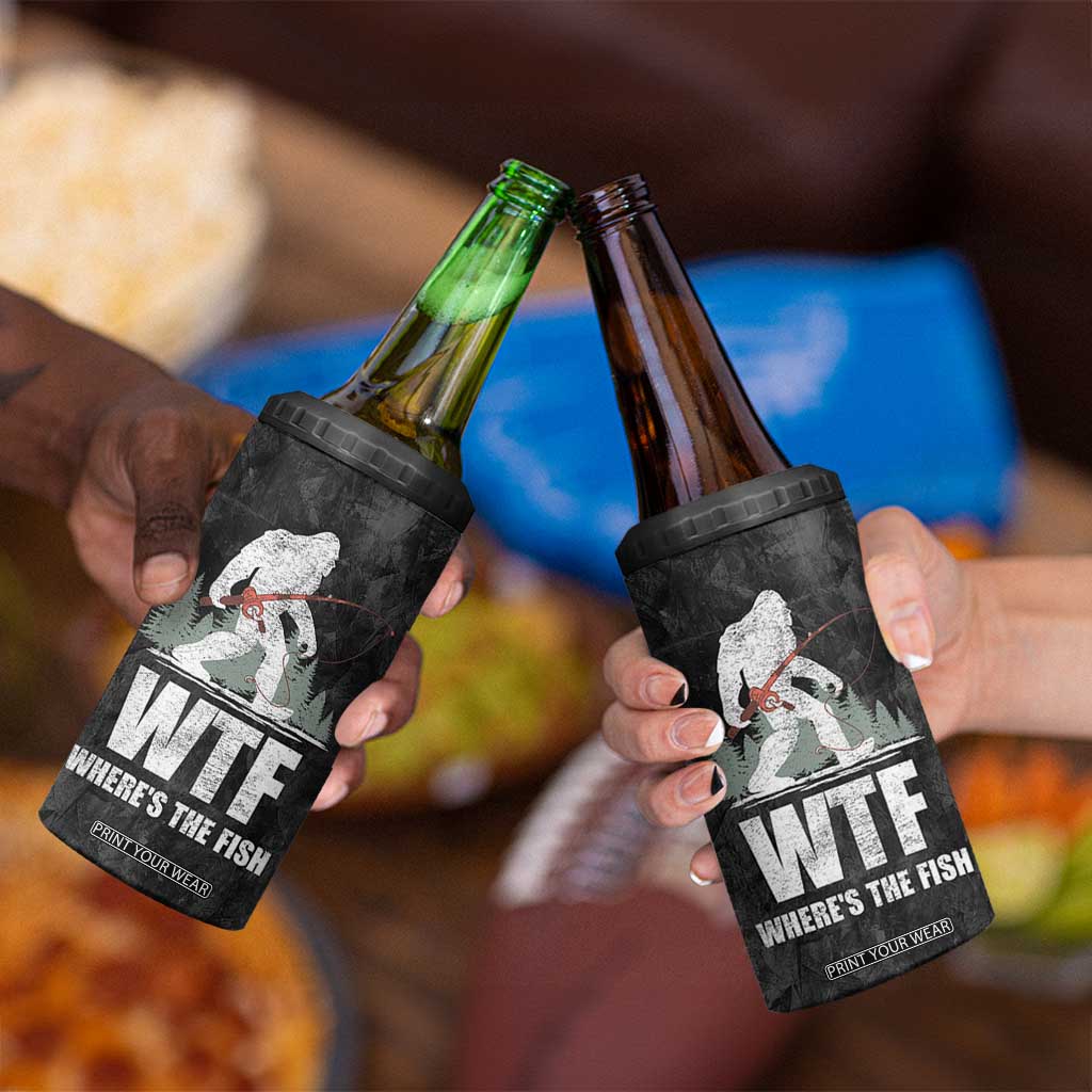WTF Wheres The Fish 4 in 1 Can Cooler Tumbler Funny Bigfoot Fishing Gifts Fathers Day