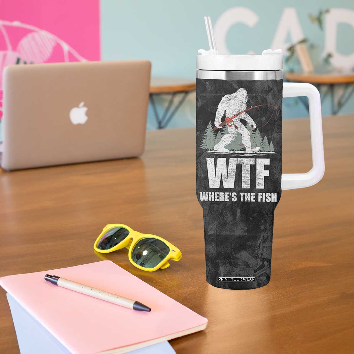 WTF Wheres The Fish Tumbler With Handle Funny Bigfoot Fishing Gifts Fathers Day TB10 Print Your Wear