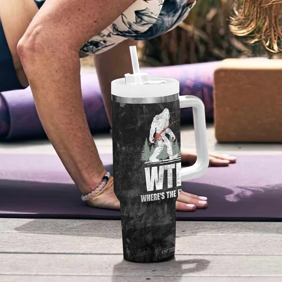 WTF Wheres The Fish Tumbler With Handle Funny Bigfoot Fishing Gifts Fathers Day TB10 Print Your Wear