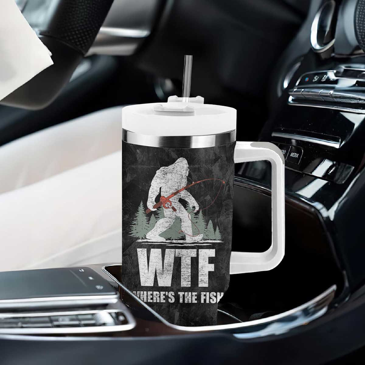 WTF Wheres The Fish Tumbler With Handle Funny Bigfoot Fishing Gifts Fathers Day TB10 Print Your Wear