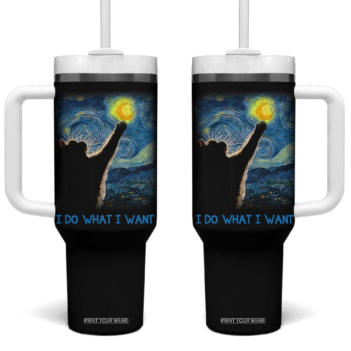Van Gogh Cat Tumbler With Handle I Do What I Want Funny Cat Lover Starry Night TB10 One Size: 40 oz Black Print Your Wear