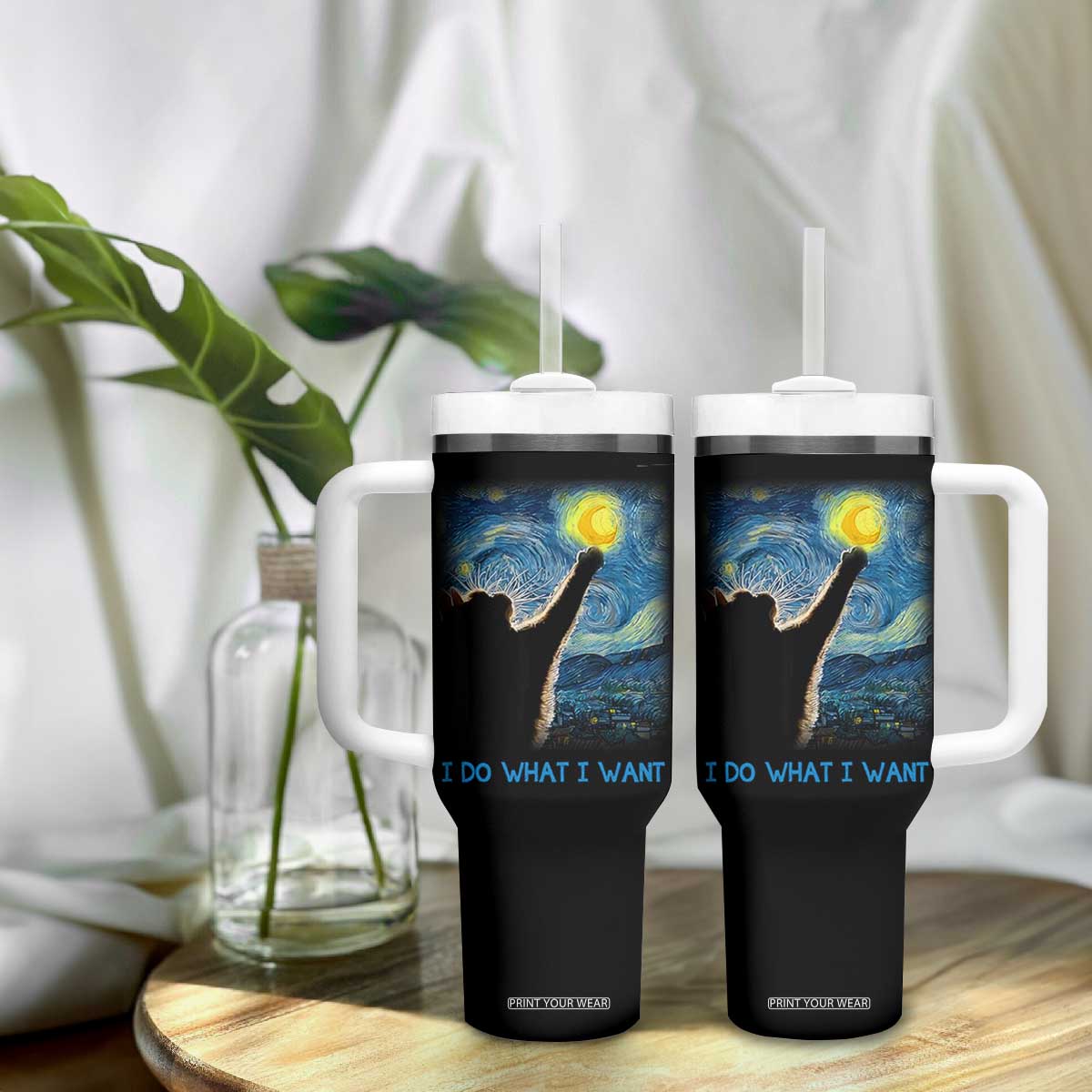 Van Gogh Cat Tumbler With Handle I Do What I Want Funny Cat Lover Starry Night TB10 Print Your Wear