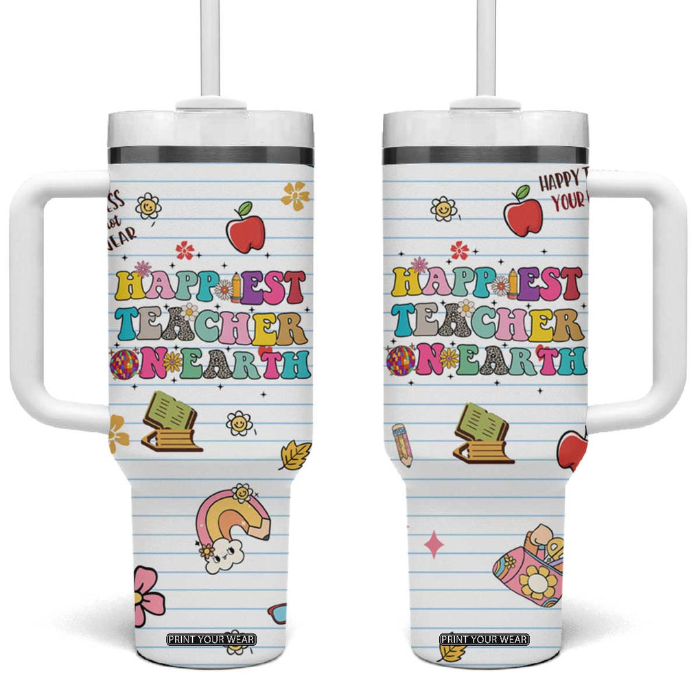 Teacher Appreciation Gifts Tumbler With Handle Happiest Teacher On Earth Retro Groovy TB10 One Size: 40 oz Black Print Your Wear