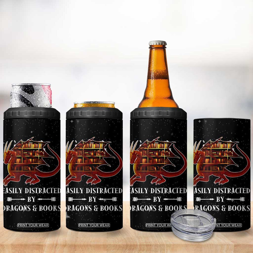 Dragon Book Lovers Gifts 4 in 1 Can Cooler Tumbler Easily Distracted By Books And Dragons Nerds TB10 Print Your Wear