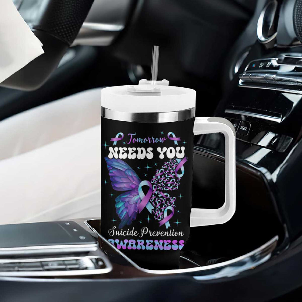 Suicide Prevention Awareness Tumbler With Handle Teal Purple Ribbon Butterfly Stay Tomorrow Needs You Therapist Psychologist TB10 Print Your Wear