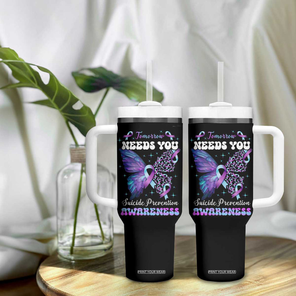 Suicide Prevention Awareness Tumbler With Handle Teal Purple Ribbon Butterfly Stay Tomorrow Needs You Therapist Psychologist TB10 Print Your Wear