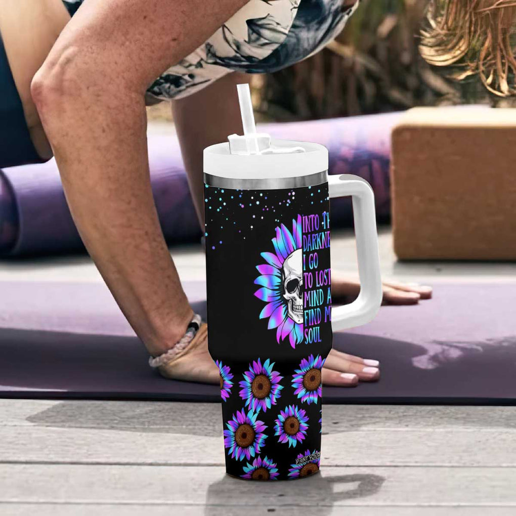 Suicide Prevention Awareness Tumbler With Handle Teal Purple Sunflower Skull Into The Darkness I Go To Lose My Mind And Find My Soul TB10 Print Your Wear