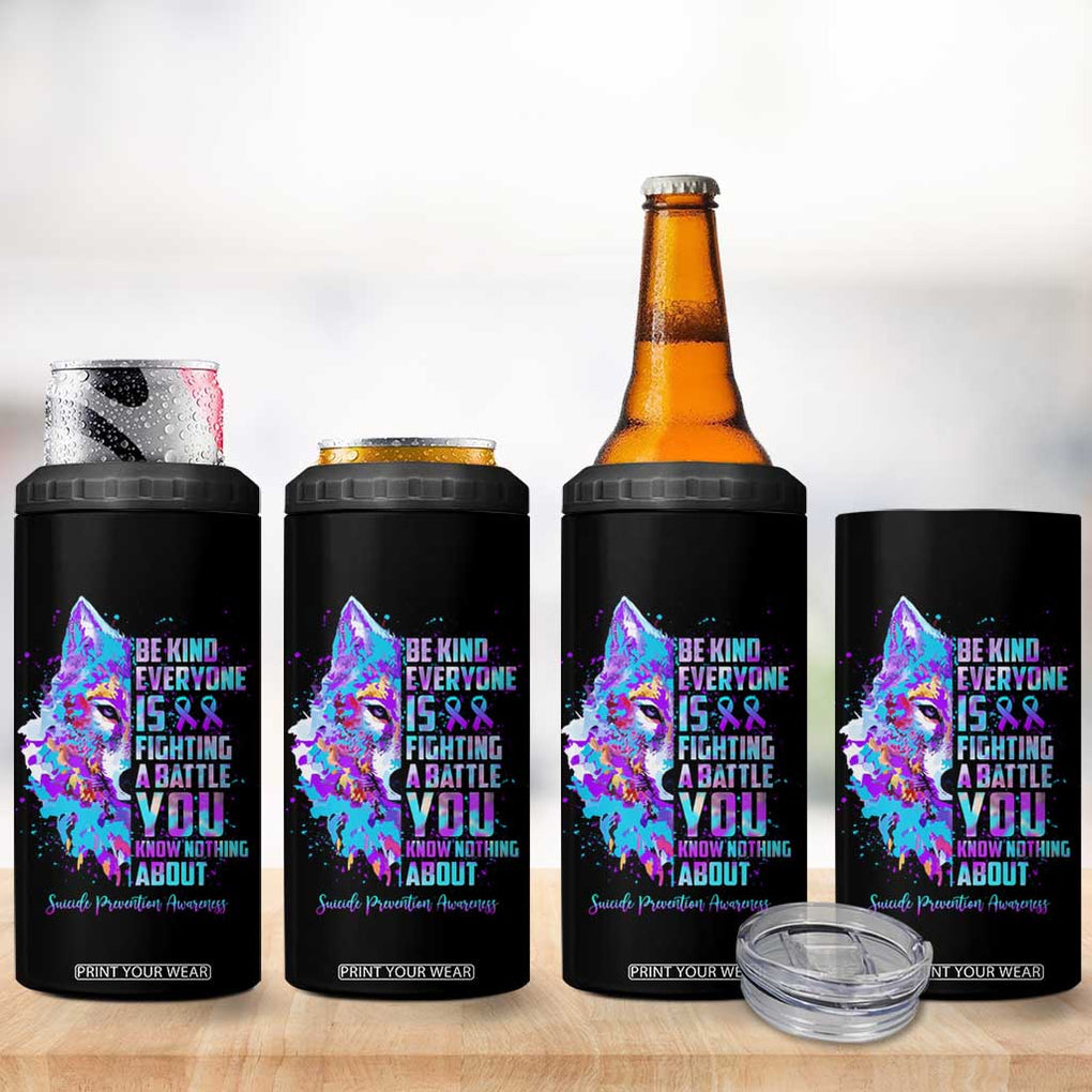Suicide Prevention Awareness 4 in 1 Can Cooler Tumbler Teal Purple Ribbon Wolf Be Kind Everyone Is Fighting A Battle You Know Nothing About TB10 Print Your Wear