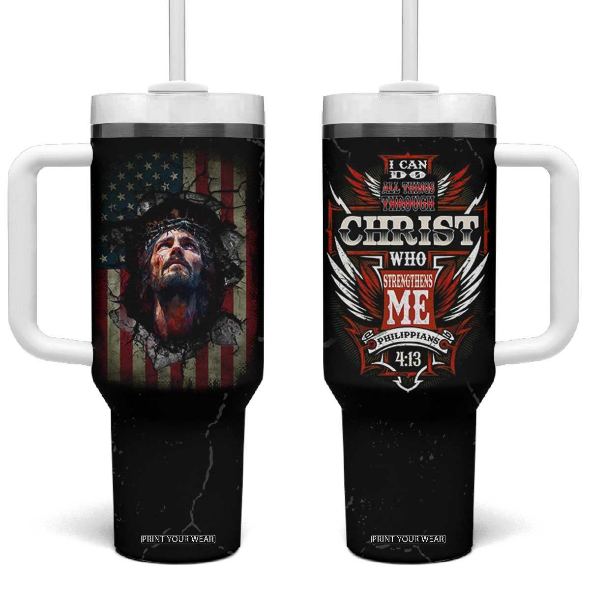 Christian Gift for Men Tumbler With Handle I Can Do All Things Through Christ Religious Pastor TB10 One Size: 40 oz Black Print Your Wear