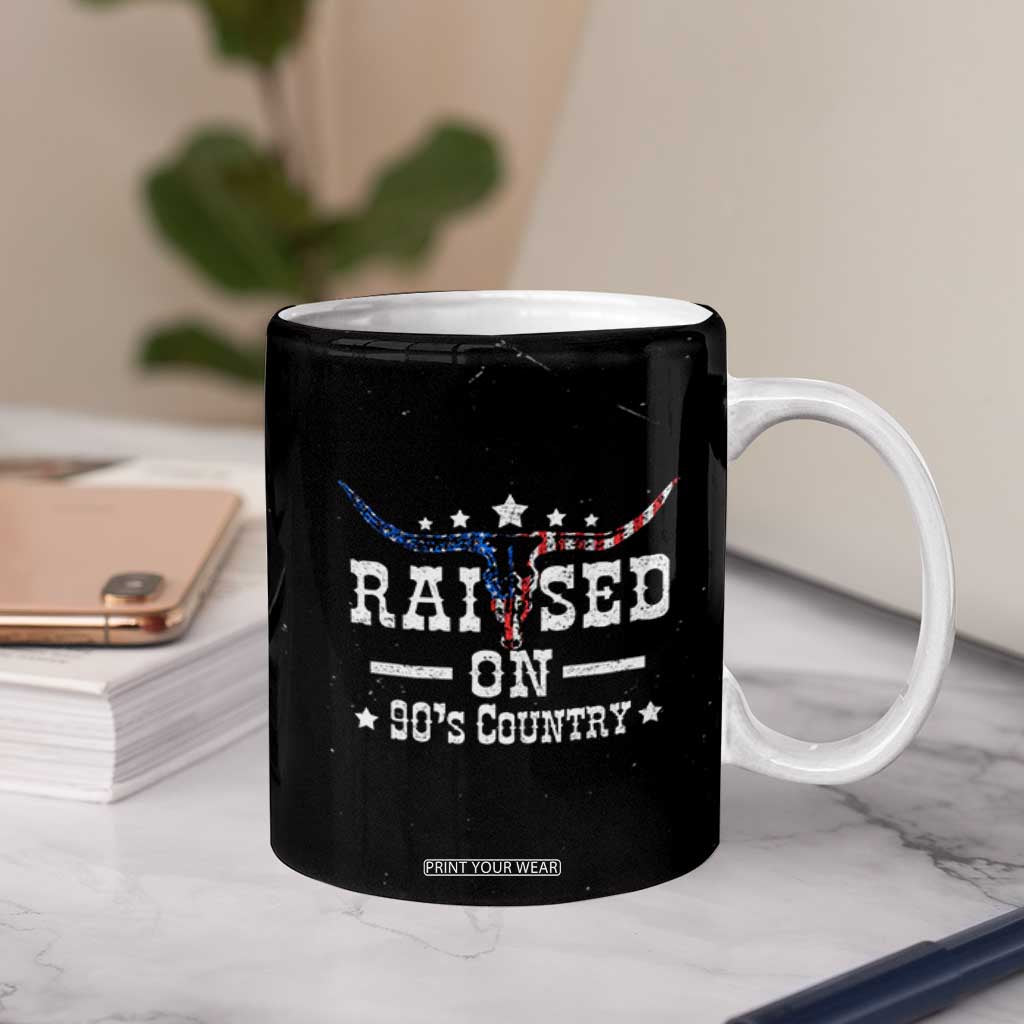 Raised On 90s Country Coffee Mug Vintage Western Bull Skull Cowboy American Flag TB10 Print Your Wear