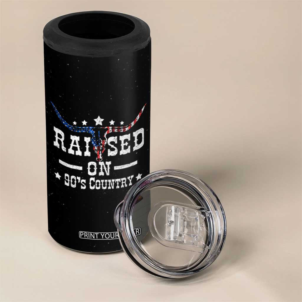 Raised On 90s Country 4 in 1 Can Cooler Tumbler Vintage Western Bull Skull Cowboy American Flag TB10 Print Your Wear