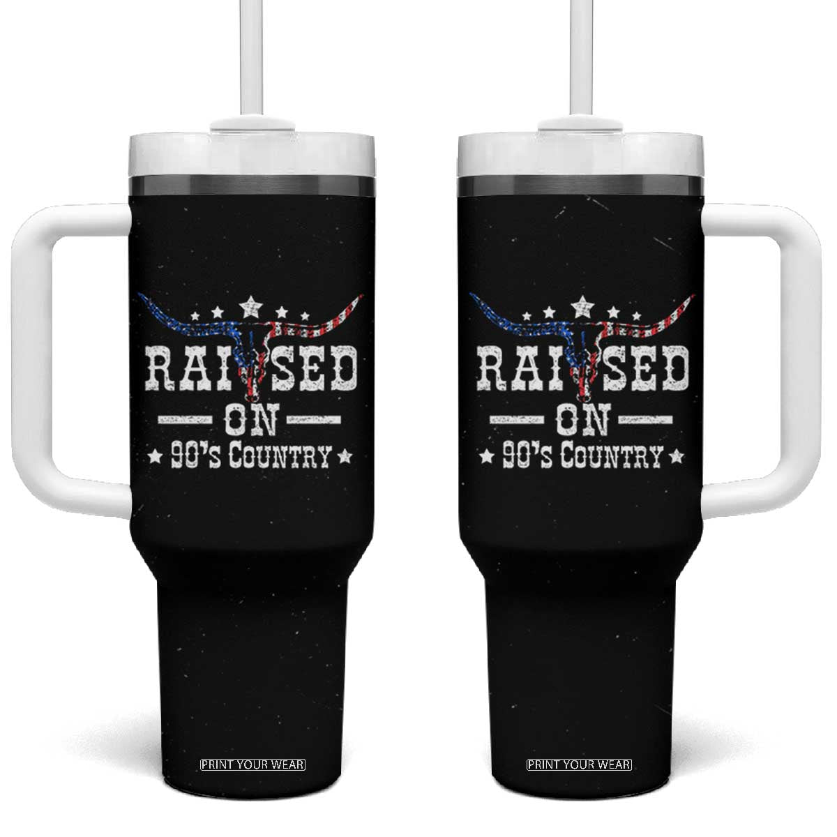 Raised On 90s Country Tumbler With Handle Vintage Western Bull Skull Cowboy American Flag TB10 One Size: 40 oz Black Print Your Wear