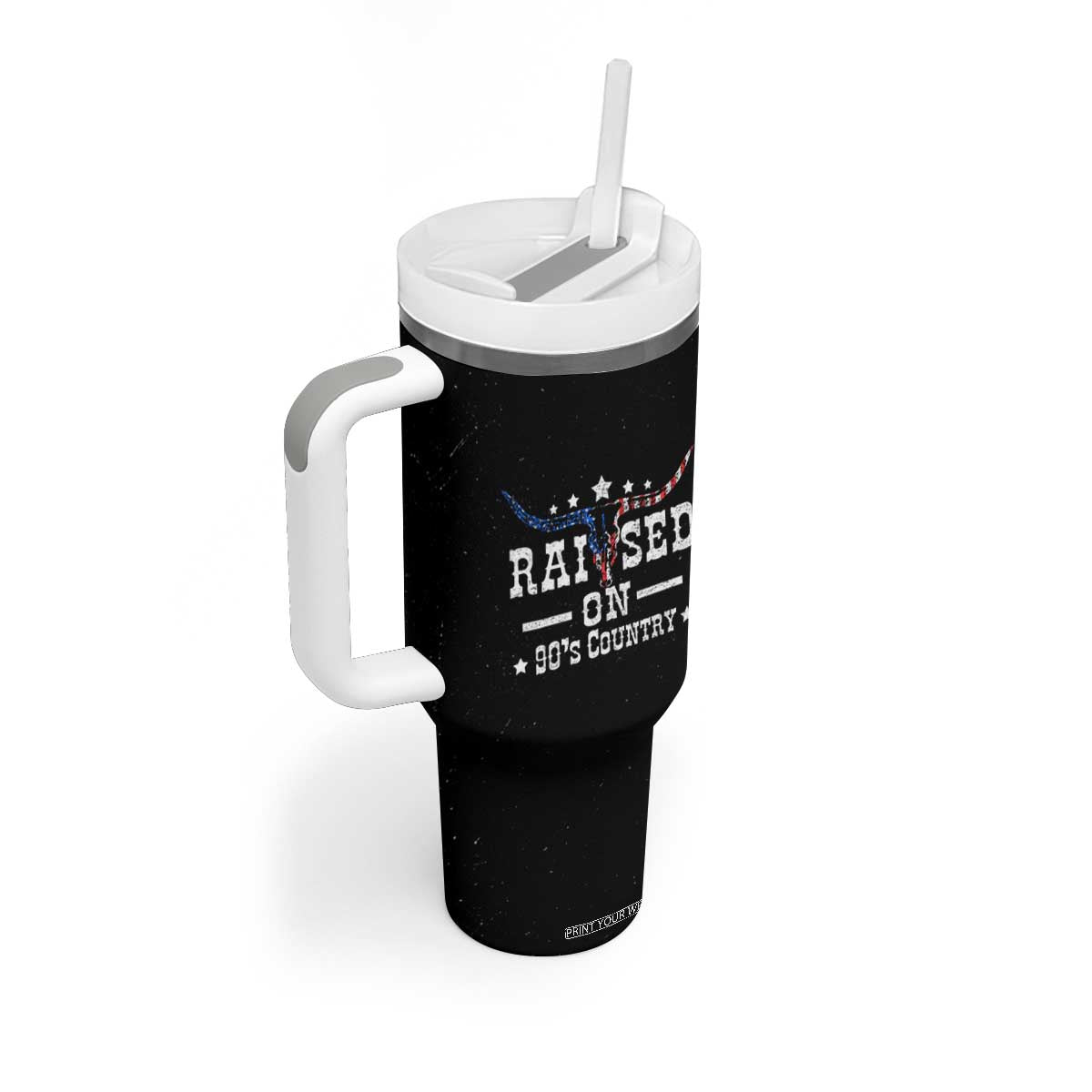 Raised On 90s Country Tumbler With Handle Vintage Western Bull Skull Cowboy American Flag TB10 Print Your Wear