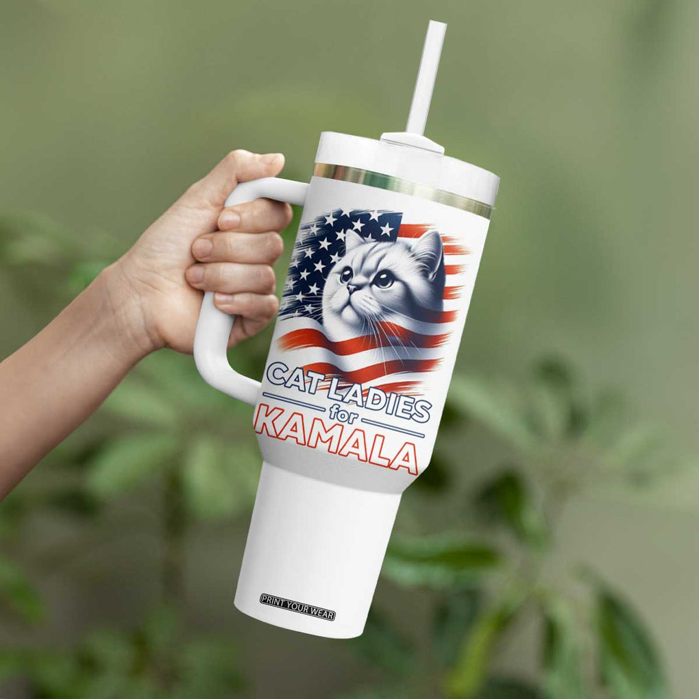 Cat Lady Ladies For Kamala Tumbler With Handle Madam President Voting Harris US Election 2024 USA American Flag TB10 Print Your Wear