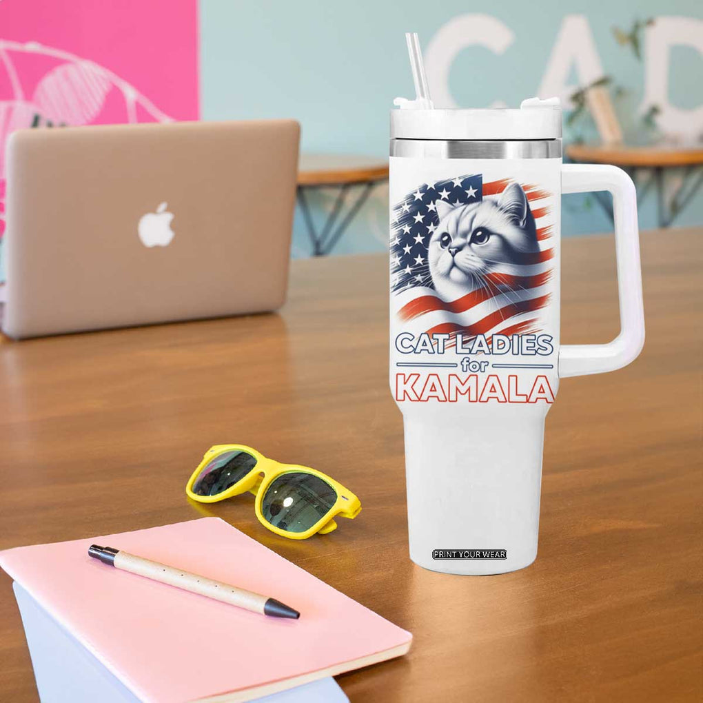 Cat Lady Ladies For Kamala Tumbler With Handle Madam President Voting Harris US Election 2024 USA American Flag TB10 Print Your Wear