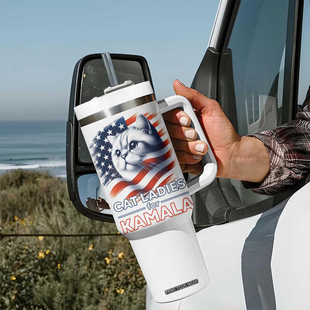 Cat Lady Ladies For Kamala Tumbler With Handle Madam President Voting Harris US Election 2024 USA American Flag TB10 Print Your Wear