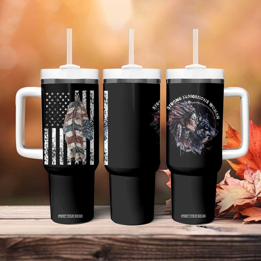 Native American Culture Tumbler With Handle Strong Indigenous Women Feathers USA Flag TB10 Print Your Wear