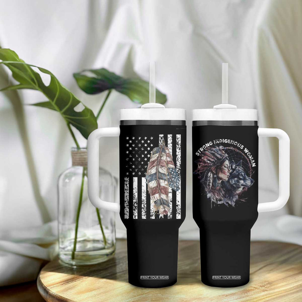 Native American Culture Tumbler With Handle Strong Indigenous Women Feathers USA Flag TB10 Print Your Wear