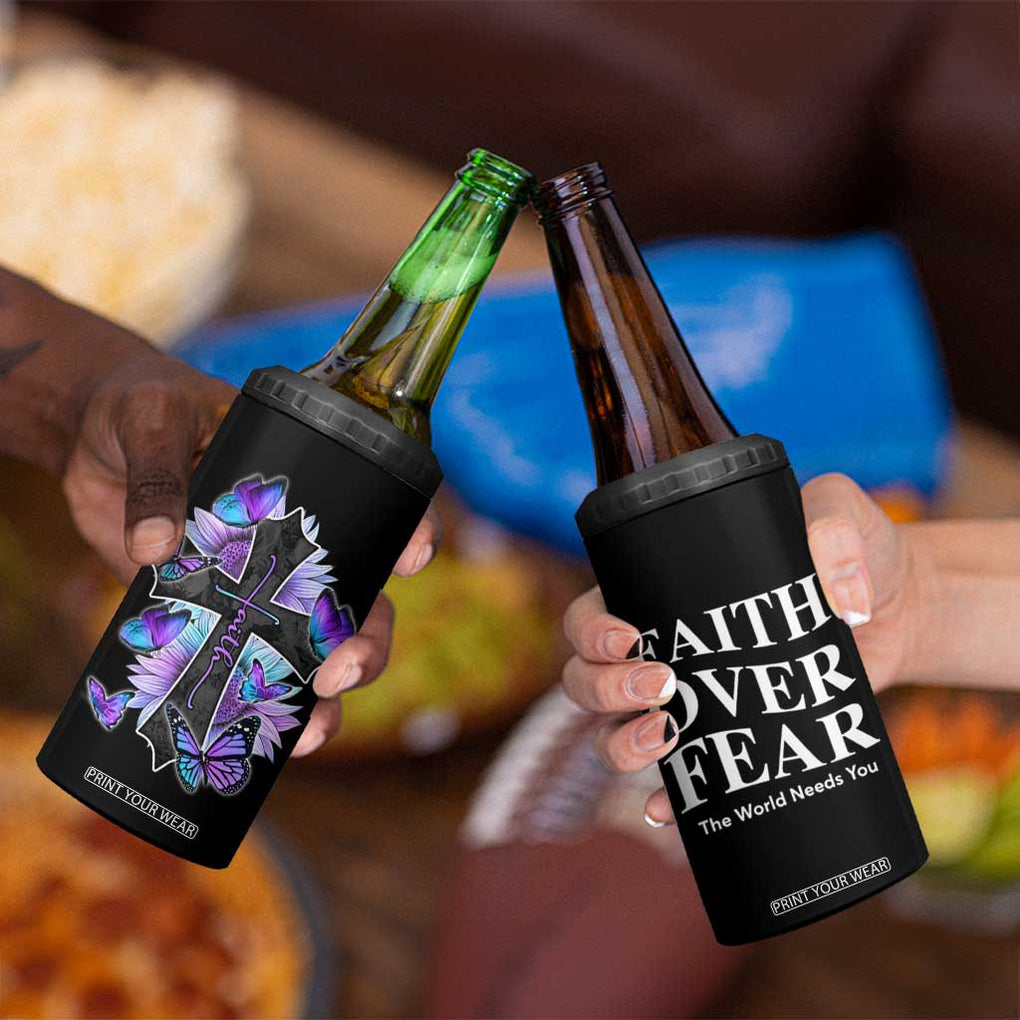 Suicide Prevention Awareness 4 in 1 Can Cooler Tumbler Teal Purple Cross Faith Over Fear Christian TB10 Print Your Wear