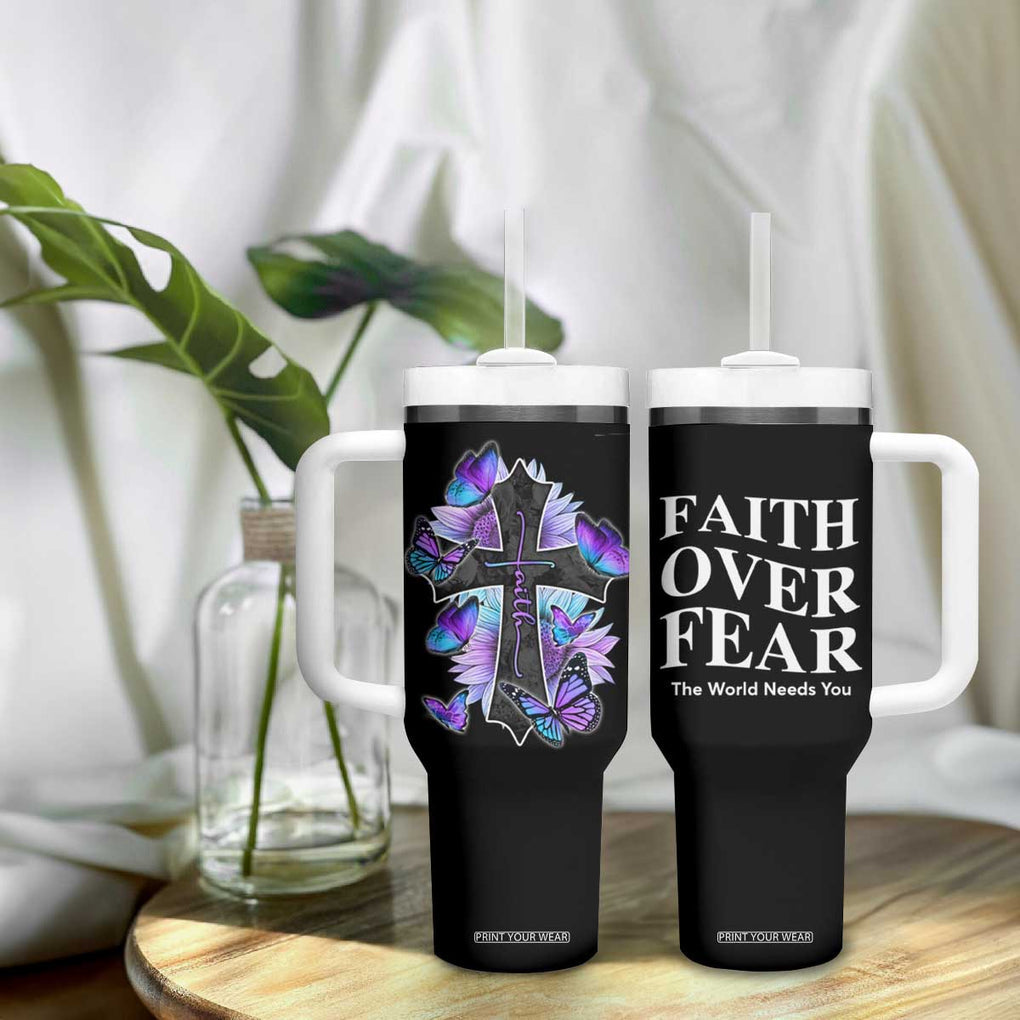 Suicide Prevention Awareness Tumbler With Handle Teal Purple Cross Faith Over Fear Christian TB10 Print Your Wear