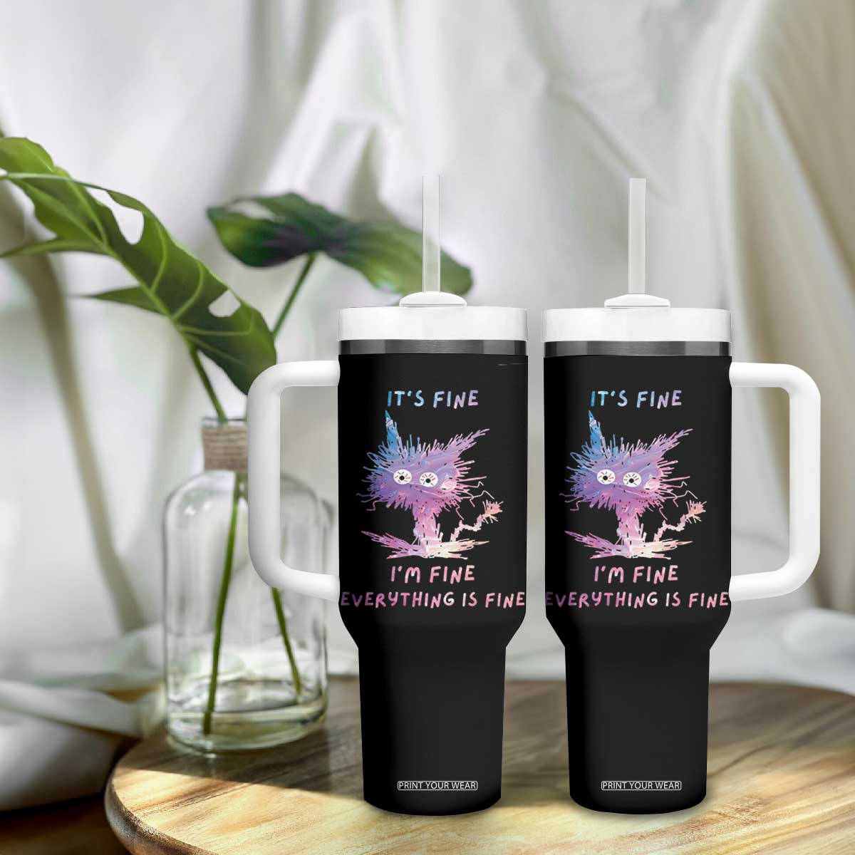 Funny Cat Tumbler With Handle It's Fine I'm Fine Everything Is Fine Office Gag Gifts TB10 Print Your Wear