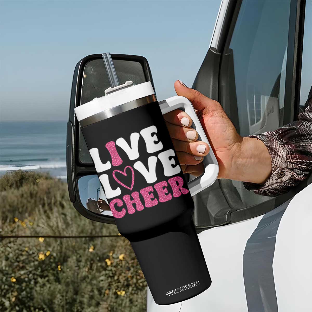 Cheerleader Tumbler With Handle Live Love Cheer Girl Cheerleading Pink Leopard TB10 Print Your Wear