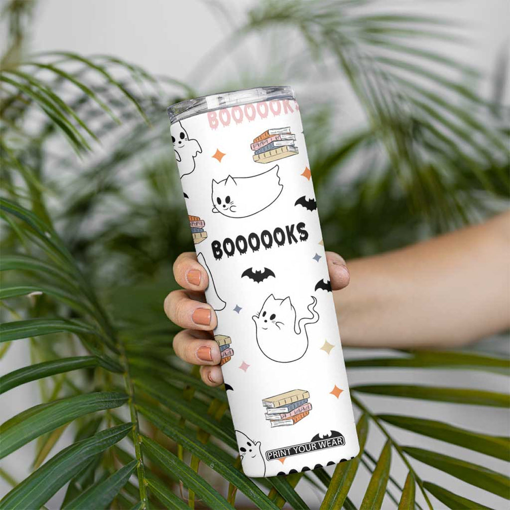 Cute Ghost Cat Reading Skinny Tumbler Funny Reader Halloween Bookish Cat Mom Gift TB10 Print Your Wear
