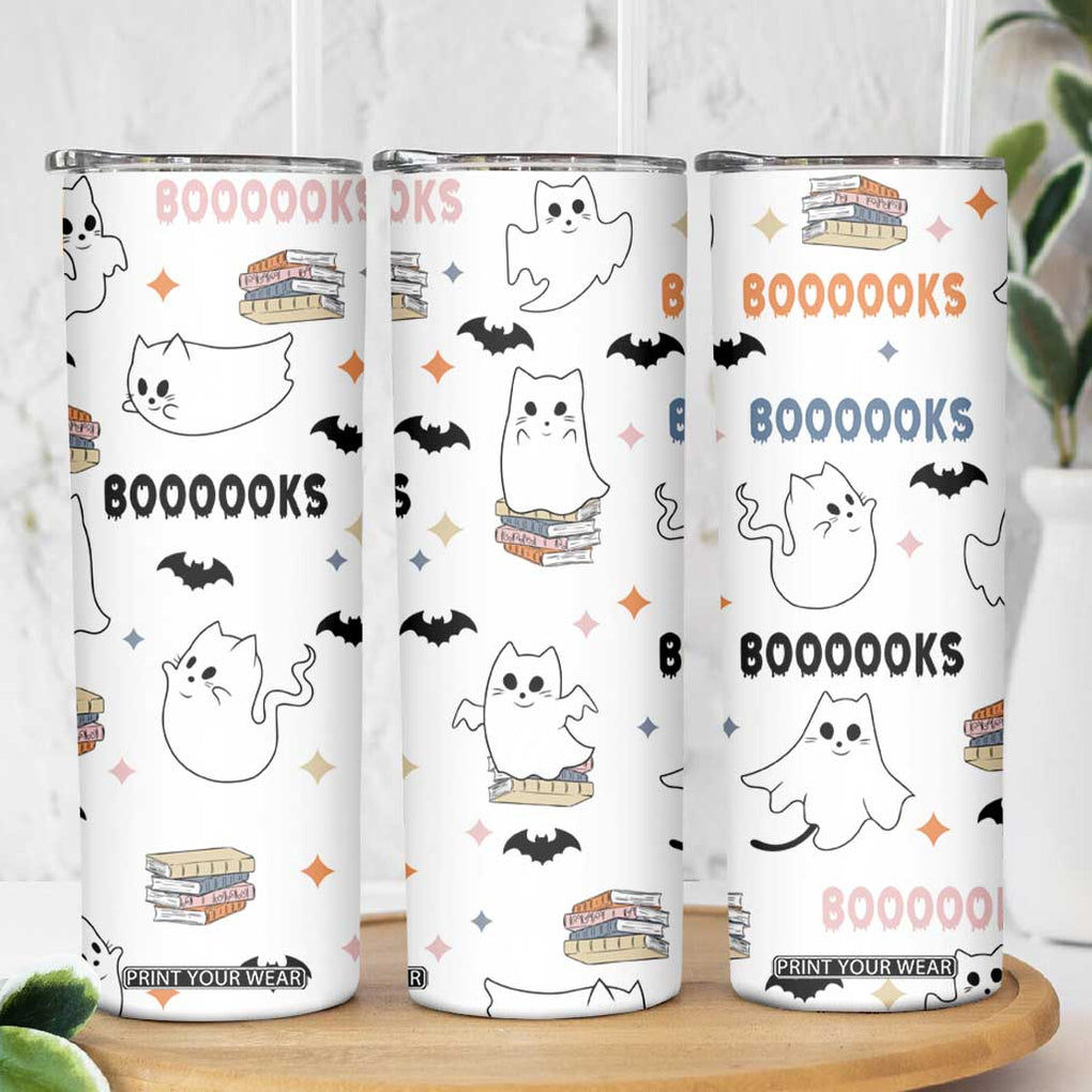 Cute Ghost Cat Reading Skinny Tumbler Funny Reader Halloween Bookish Cat Mom Gift TB10 Print Your Wear