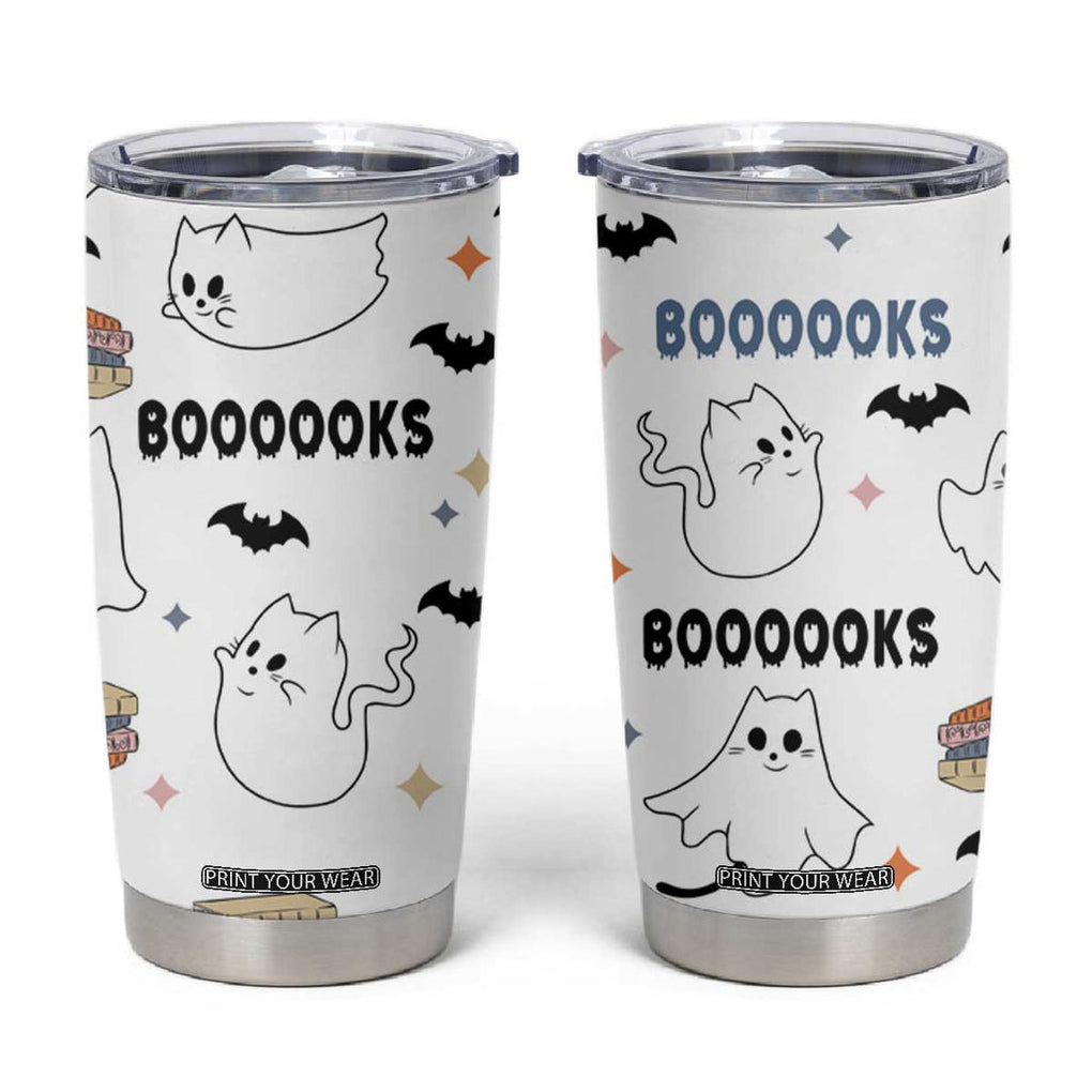 Cute Ghost Cat Reading Tumbler Cup Funny Reader Halloween Bookish Cat Mom Gift TB10 White Print Your Wear