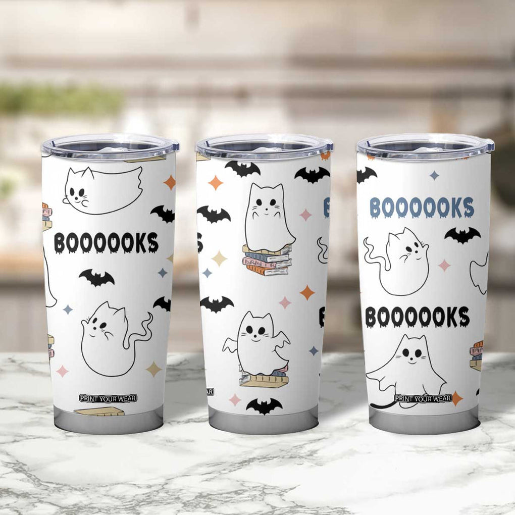 Cute Ghost Cat Reading Tumbler Cup Funny Reader Halloween Bookish Cat Mom Gift TB10 Print Your Wear