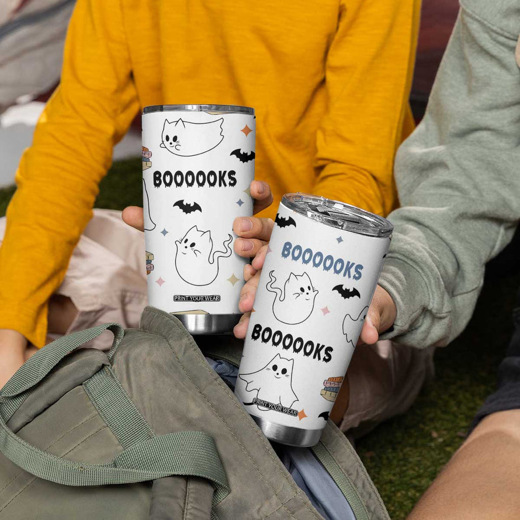 Cute Ghost Cat Reading Tumbler Cup Funny Reader Halloween Bookish Cat Mom Gift TB10 Print Your Wear