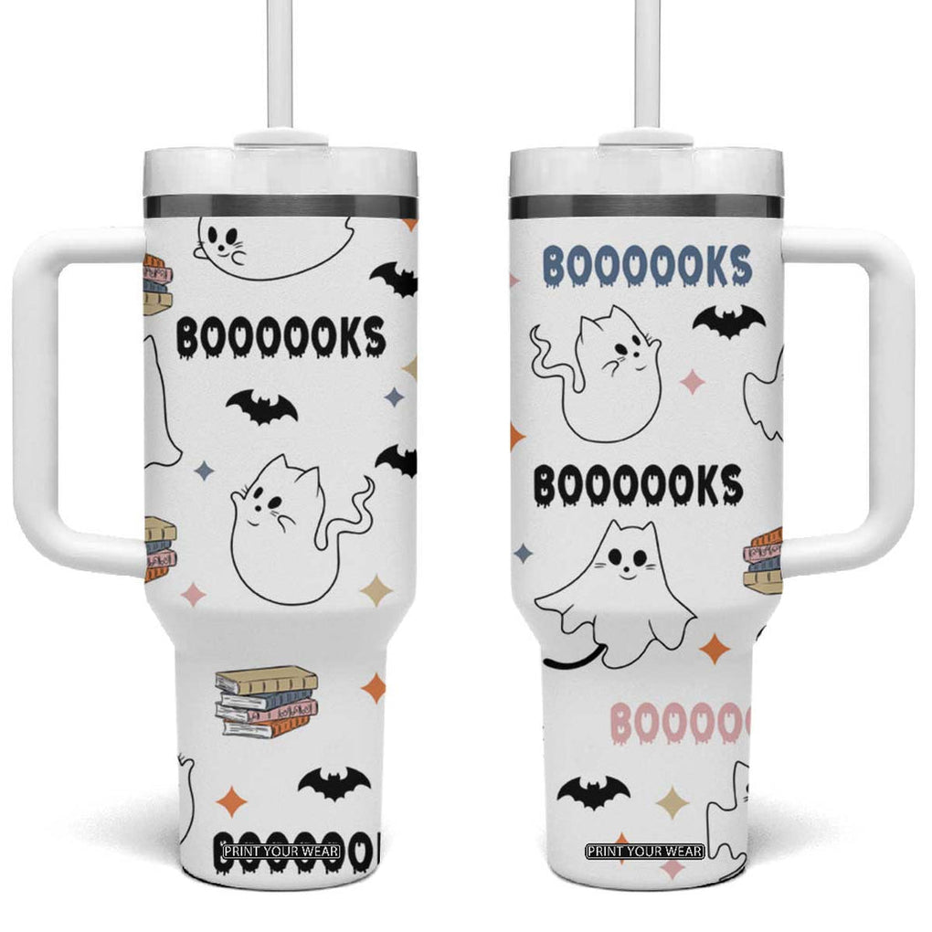 Cute Ghost Cat Reading Tumbler With Handle Funny Reader Halloween Bookish Cat Mom Gift TB10 One Size: 40 oz White Print Your Wear