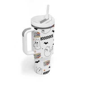 Cute Ghost Cat Reading Tumbler With Handle Funny Reader Halloween Bookish Cat Mom Gift TB10 Print Your Wear