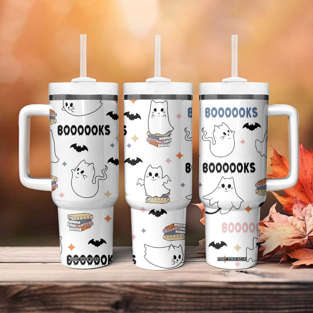 Cute Ghost Cat Reading Tumbler With Handle Funny Reader Halloween Bookish Cat Mom Gift TB10 Print Your Wear