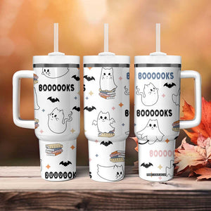 Cute Ghost Cat Reading Tumbler With Handle Funny Reader Halloween Bookish Cat Mom Gift TB10 Print Your Wear