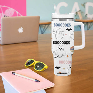 Cute Ghost Cat Reading Tumbler With Handle Funny Reader Halloween Bookish Cat Mom Gift TB10 Print Your Wear