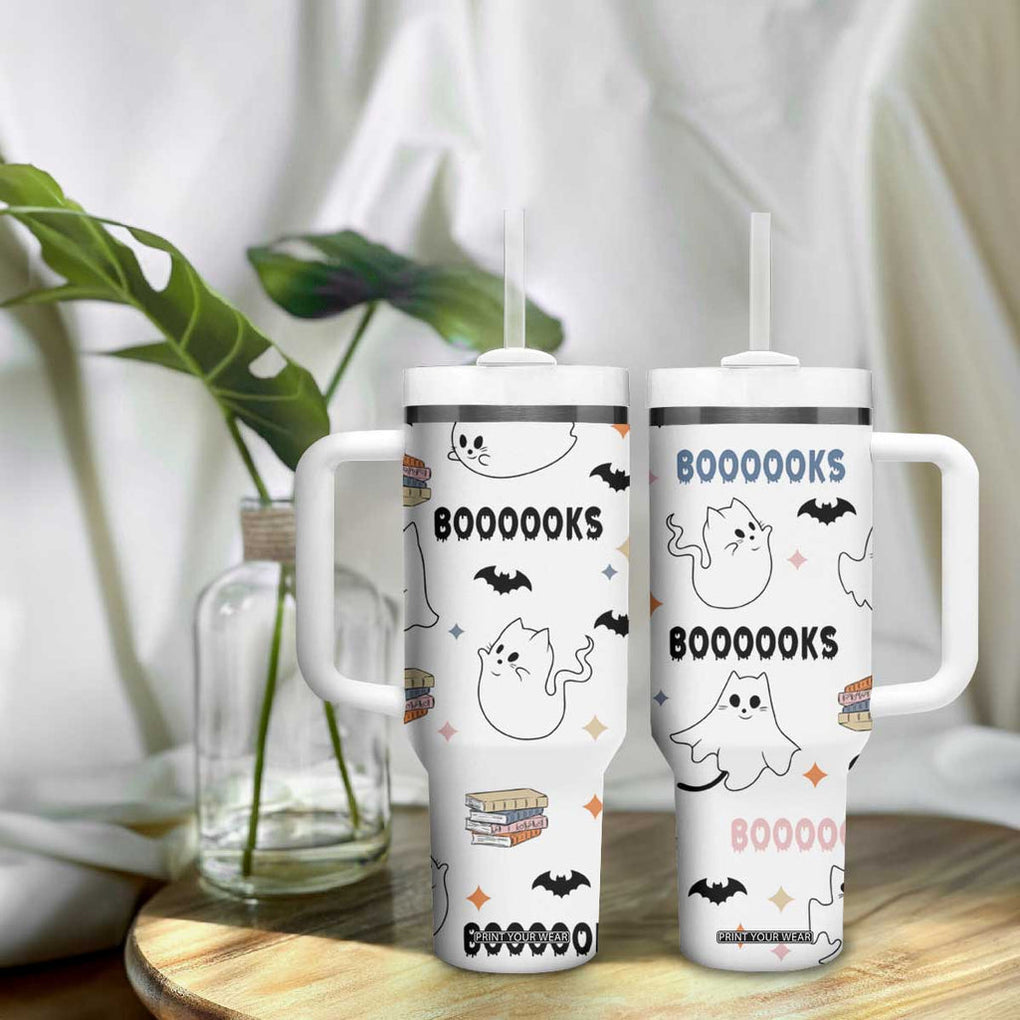 Cute Ghost Cat Reading Tumbler With Handle Funny Reader Halloween Bookish Cat Mom Gift TB10 Print Your Wear