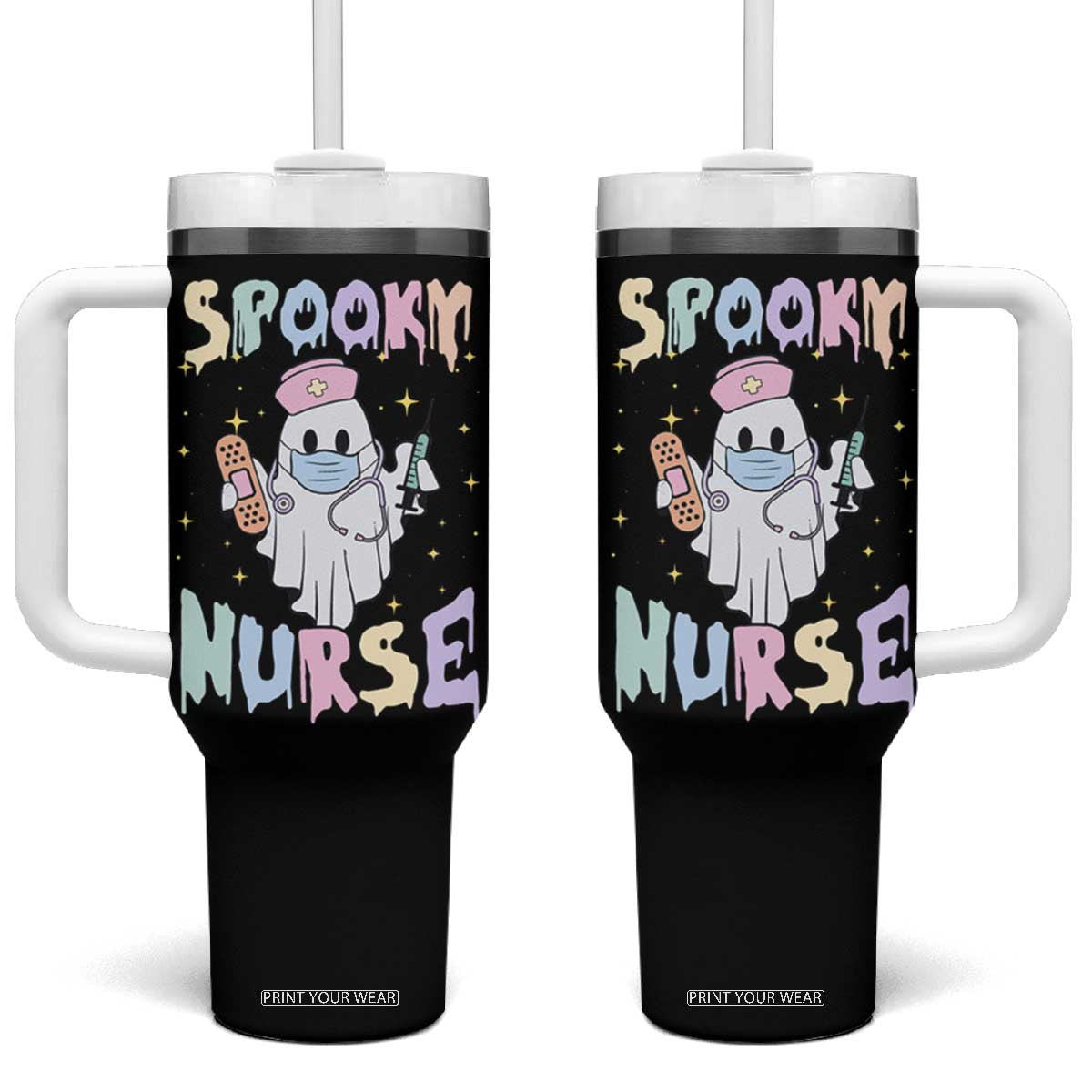 Halloween Nurse Tumbler With Handle Spooky Nurse Ghost Nursing Halloween TB10 One Size: 40 oz Black Print Your Wear