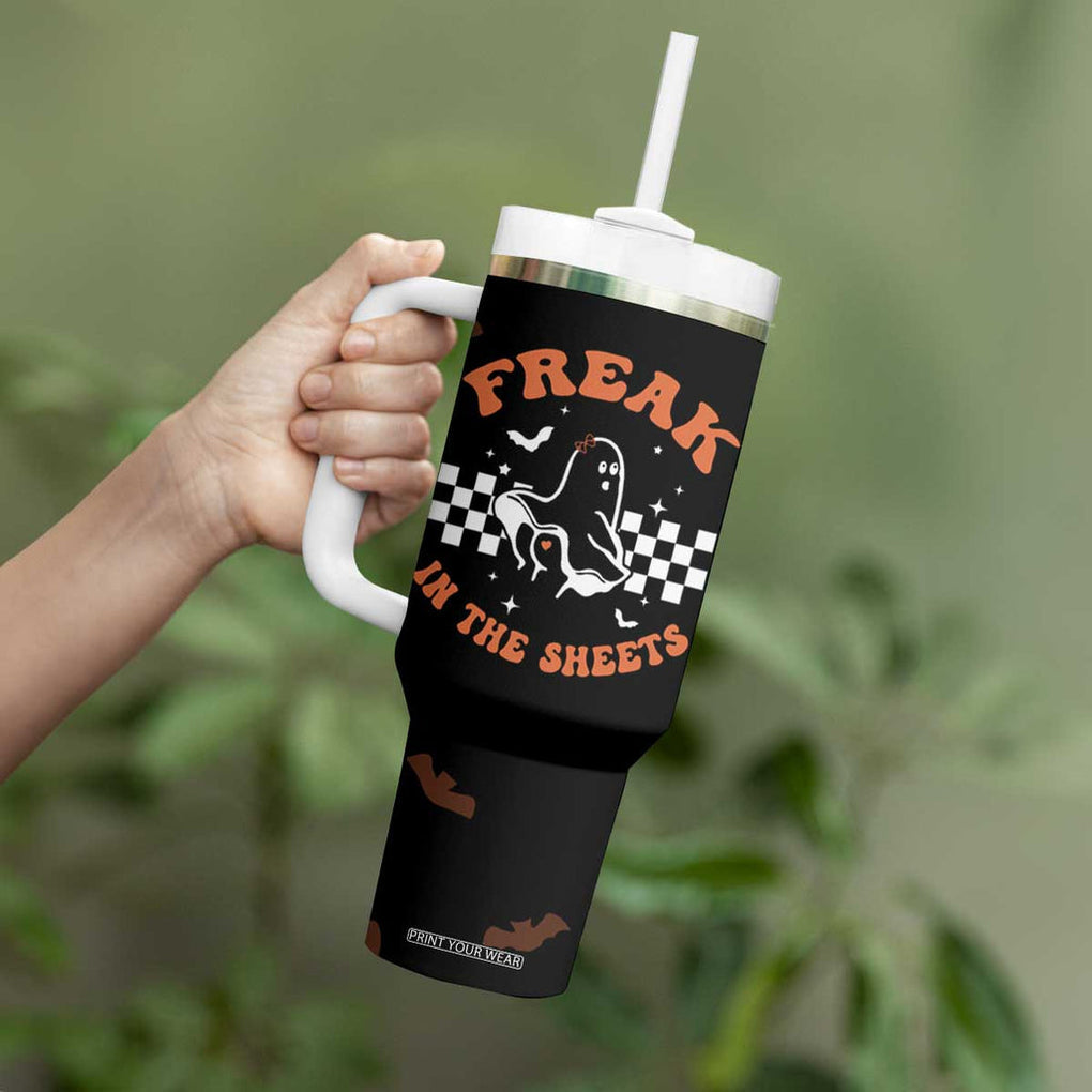Funny Halloween Ghost Tumbler With Handle Freak in the Sheets Spooky Vibes TB10 Print Your Wear