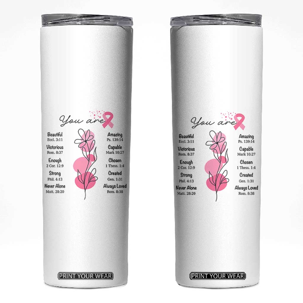 Breast Cancer Survivor Gift Skinny Tumbler Pink Ribbon Bible Verse Christian Faith Gift For Women TB10 White Print Your Wear