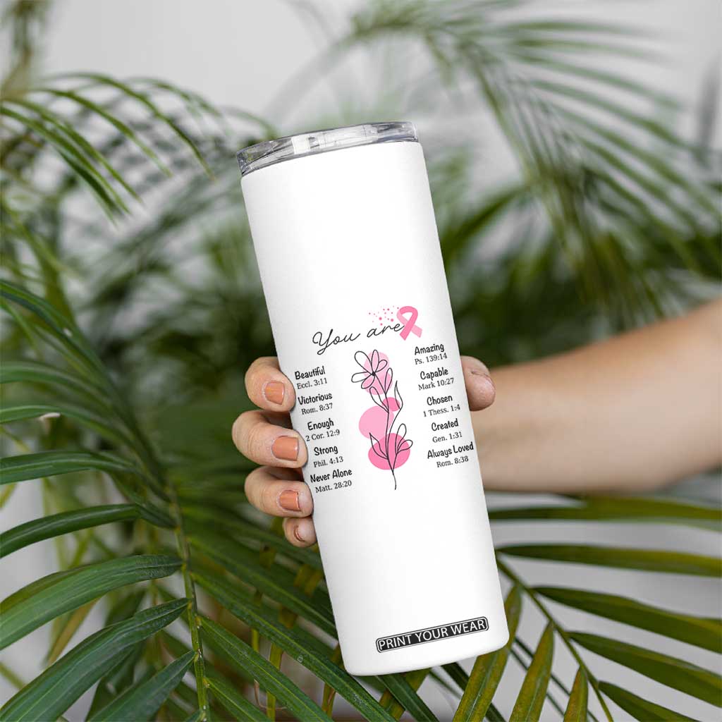 Breast Cancer Survivor Gift Skinny Tumbler Pink Ribbon Bible Verse Christian Faith Gift For Women TB10 Print Your Wear