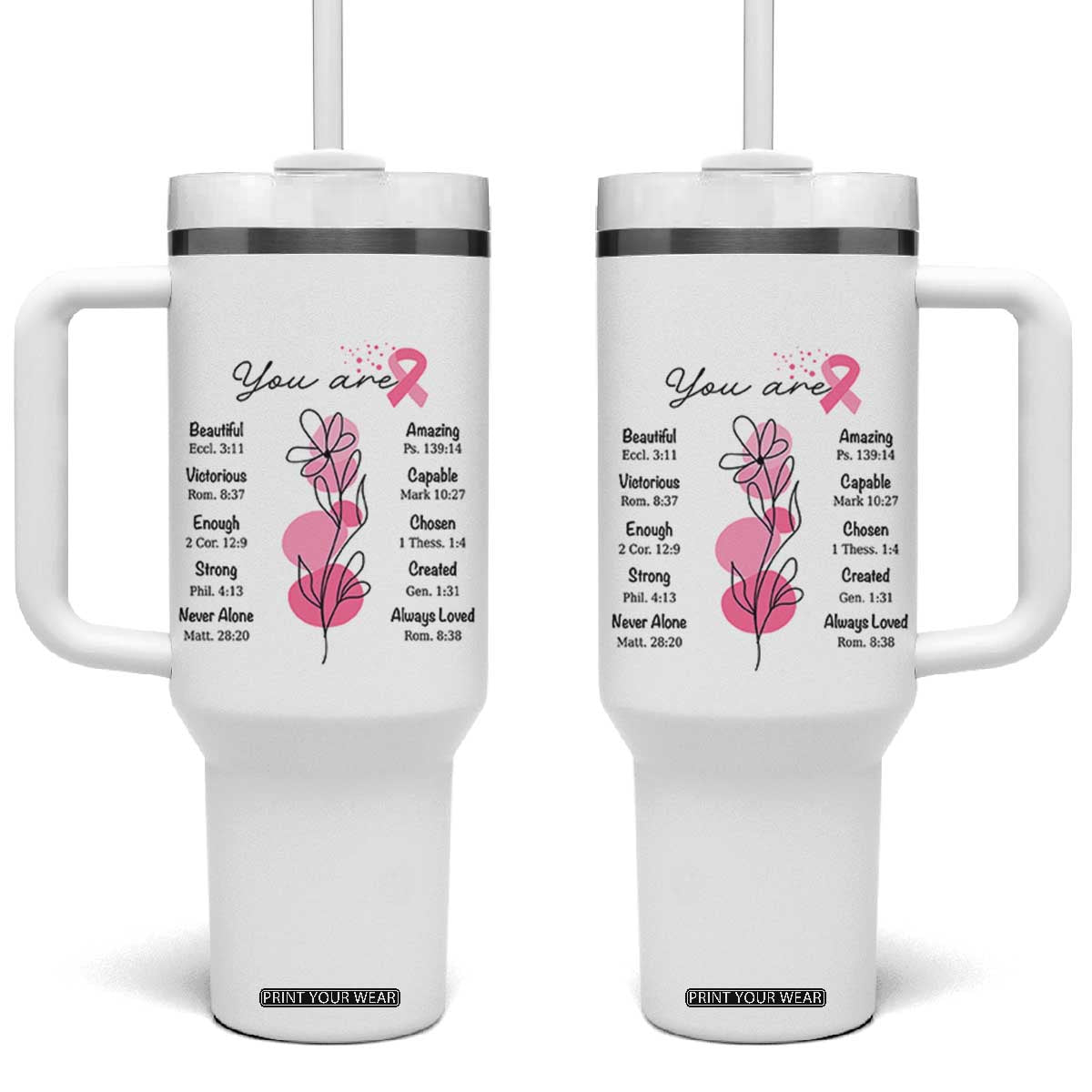 Breast Cancer Survivor Gift Tumbler With Handle Pink Ribbon Bible Verse Christian Faith Gift For Women TB10 One Size: 40 oz White Print Your Wear