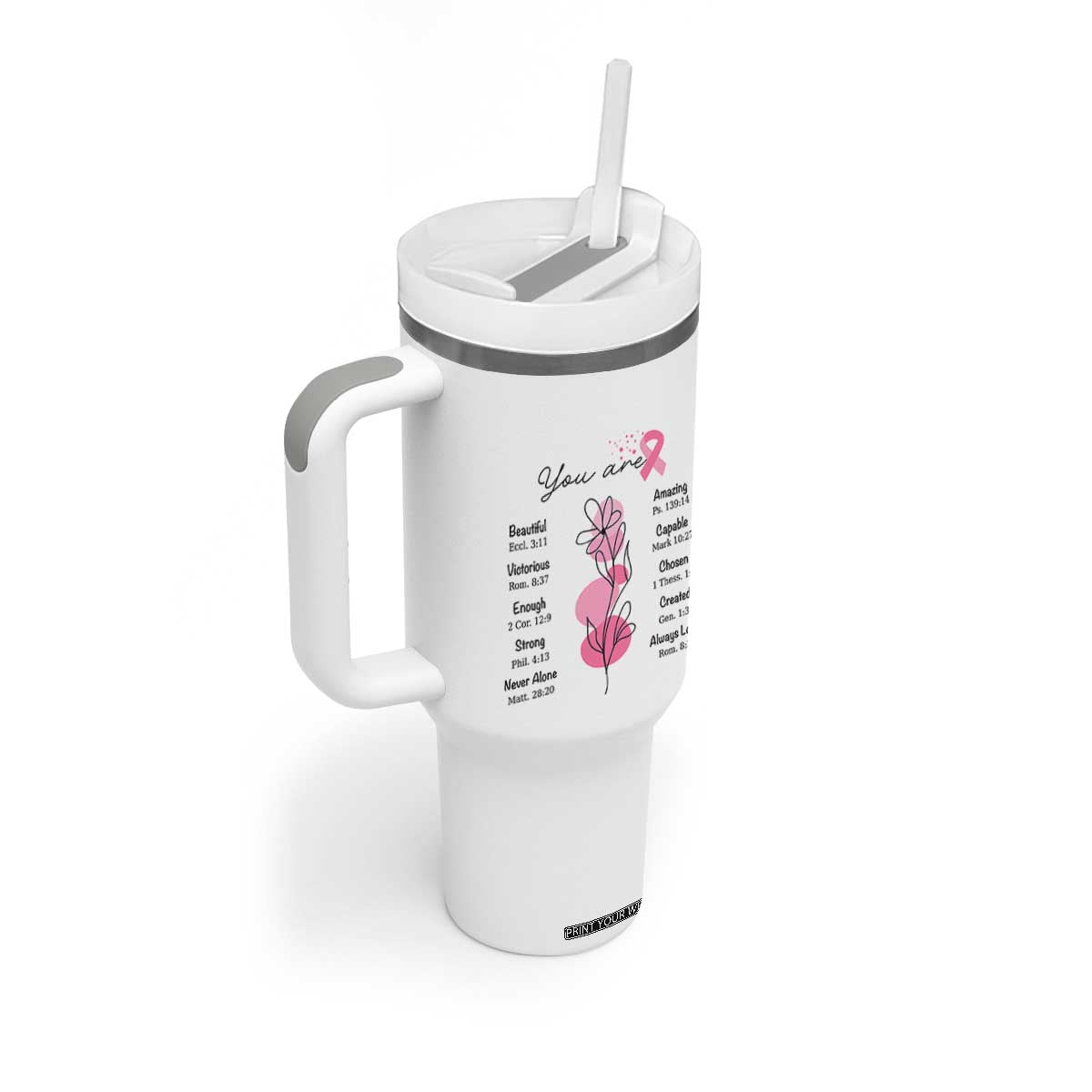 Breast Cancer Survivor Gift Tumbler With Handle Pink Ribbon Bible Verse Christian Faith Gift For Women TB10 Print Your Wear