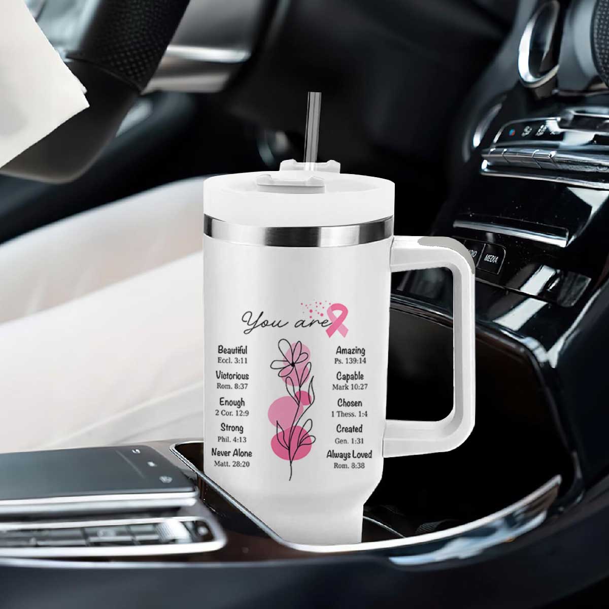 Breast Cancer Survivor Gift Tumbler With Handle Pink Ribbon Bible Verse Christian Faith Gift For Women TB10 Print Your Wear