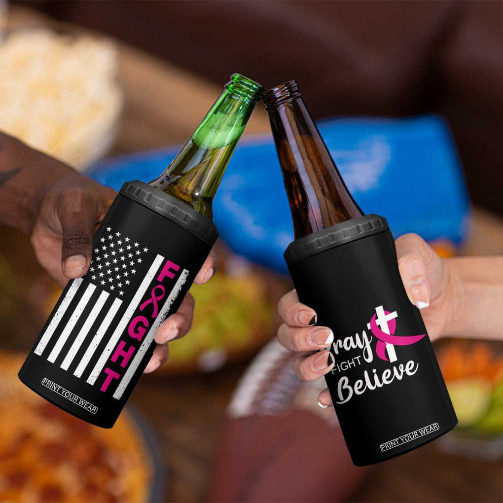 Breast Cancer Awareness 4 in 1 Can Cooler Tumbler Christian Gift Pink Ribbon USA Flag Pray Fight Believe TB10 Print Your Wear