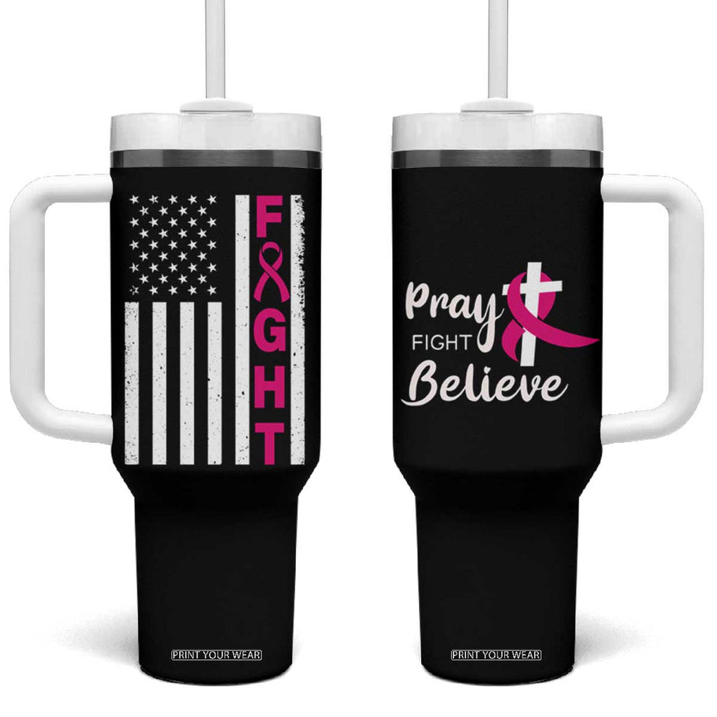 Breast Cancer Awareness Tumbler With Handle Christian Gift Pink Ribbon USA Flag Pray Fight Believe TB10 One Size: 40 oz Black Print Your Wear