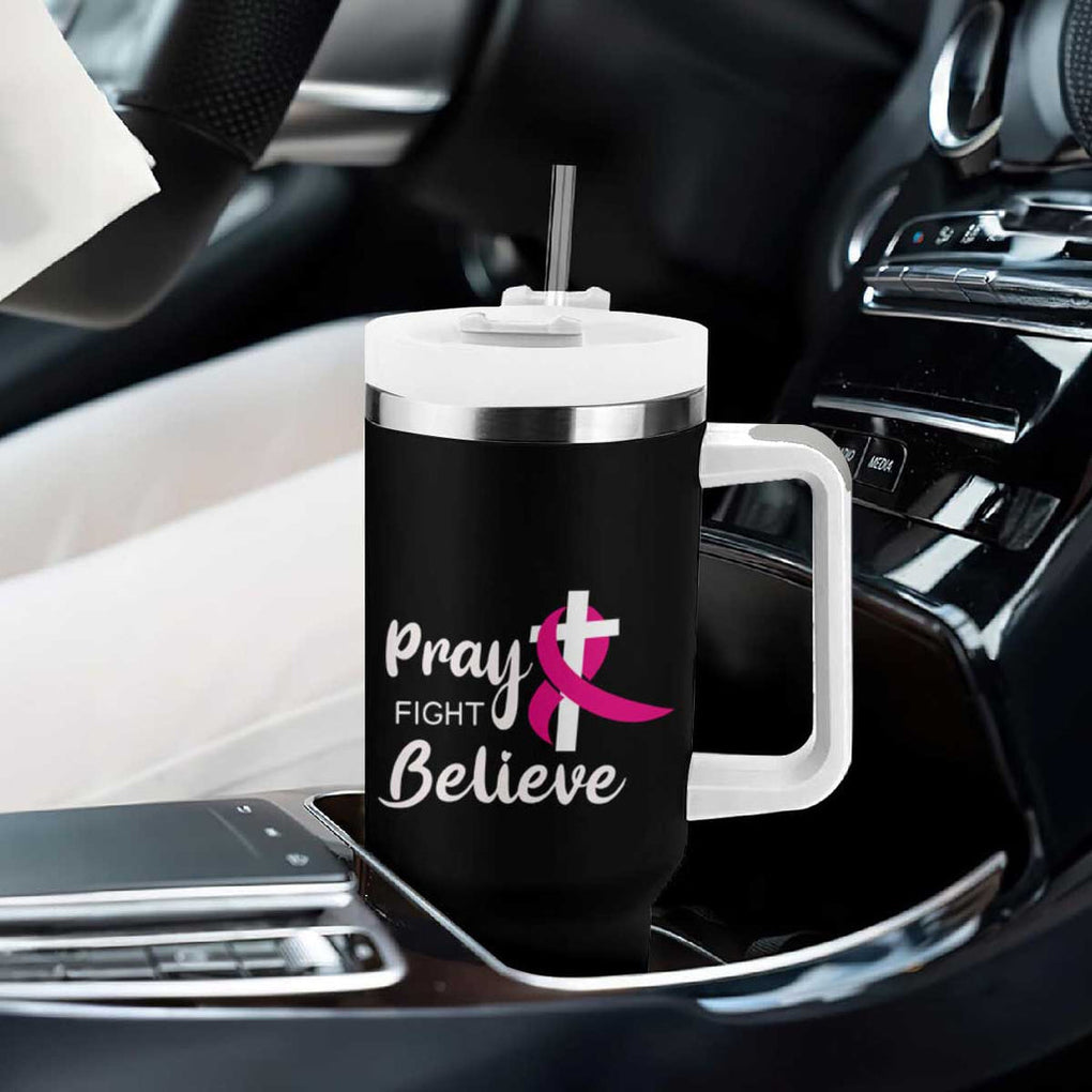 Breast Cancer Awareness Tumbler With Handle Christian Gift Pink Ribbon USA Flag Pray Fight Believe TB10 Print Your Wear