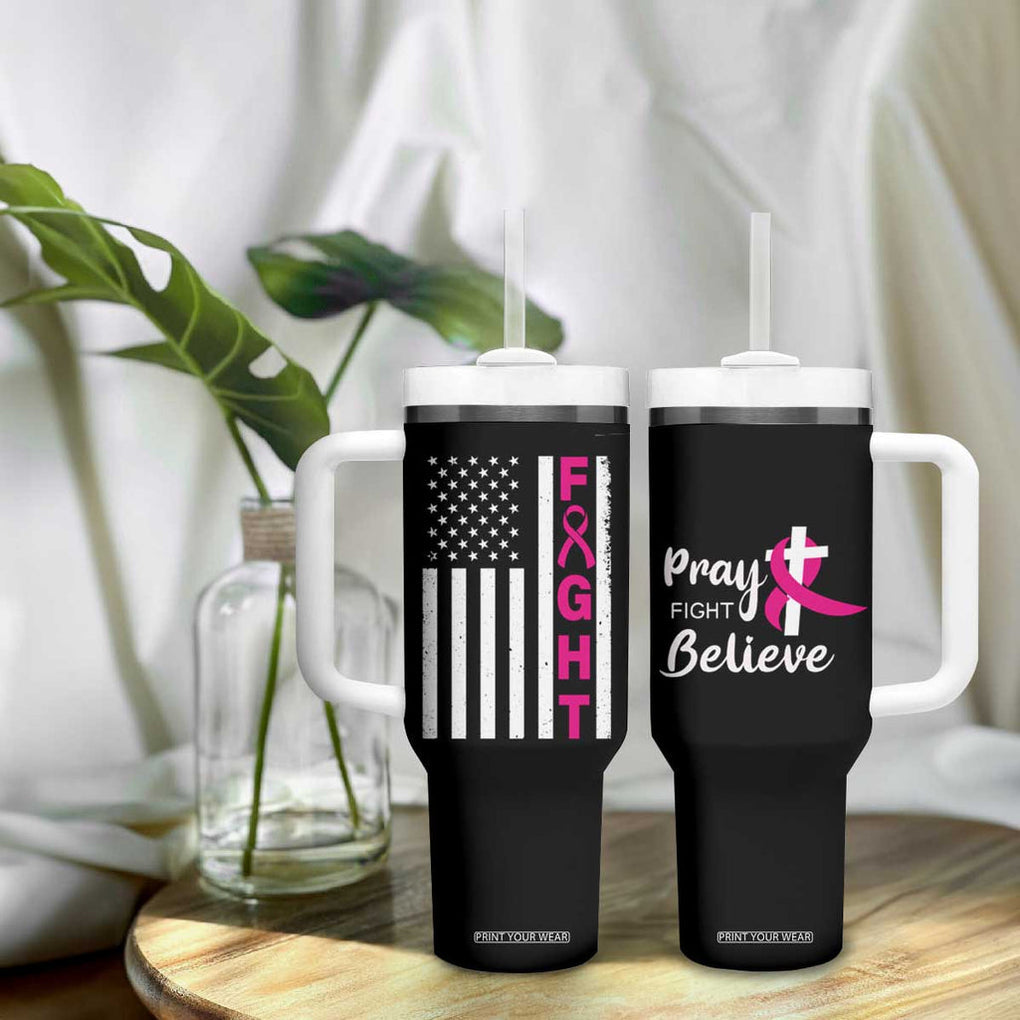 Breast Cancer Awareness Tumbler With Handle Christian Gift Pink Ribbon USA Flag Pray Fight Believe TB10 Print Your Wear